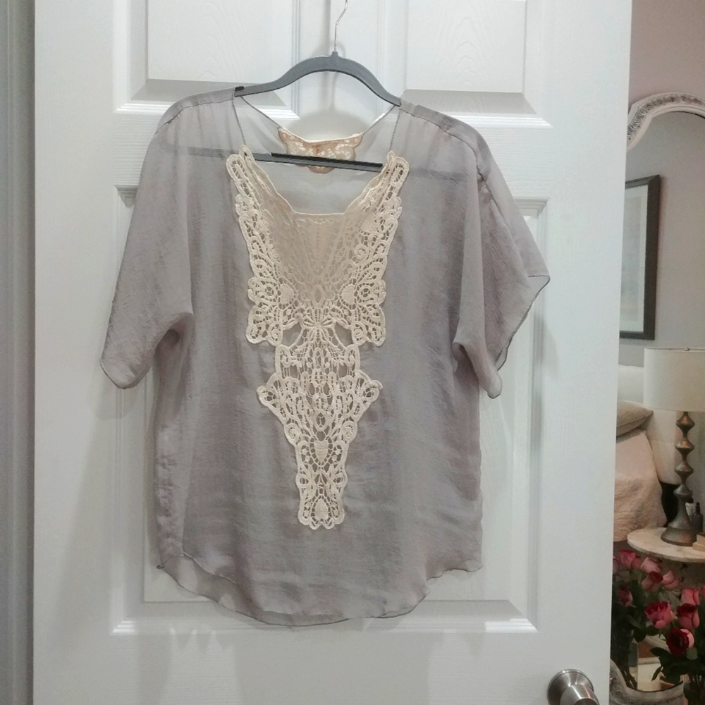 Delicate boho blouse, sheer grey with cream lace overlay size M